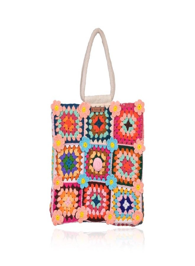 Sutra Handmade Wool Crochet Multicolor Patchwork Tote Bag | Boho Shoulder Purse | Eco-Friendly Reusable Tote Bag | Summer Beach Handbag for Women Girls - Image 1