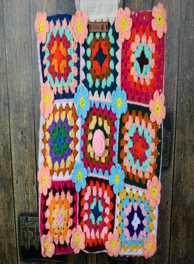 Sutra Handmade Wool Crochet Multicolor Patchwork Tote Bag | Boho Shoulder Purse | Eco-Friendly Reusable Tote Bag | Summer Beach Handbag for Women Girls - Image 3