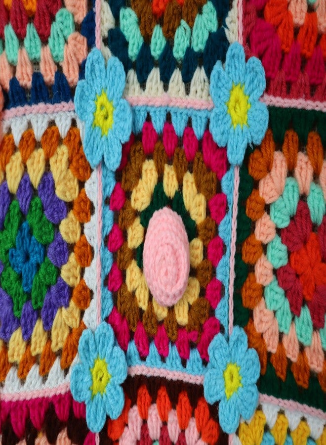 Sutra Handmade Wool Crochet Multicolor Patchwork Tote Bag | Boho Shoulder Purse | Eco-Friendly Reusable Tote Bag | Summer Beach Handbag for Women Girls - Image 4