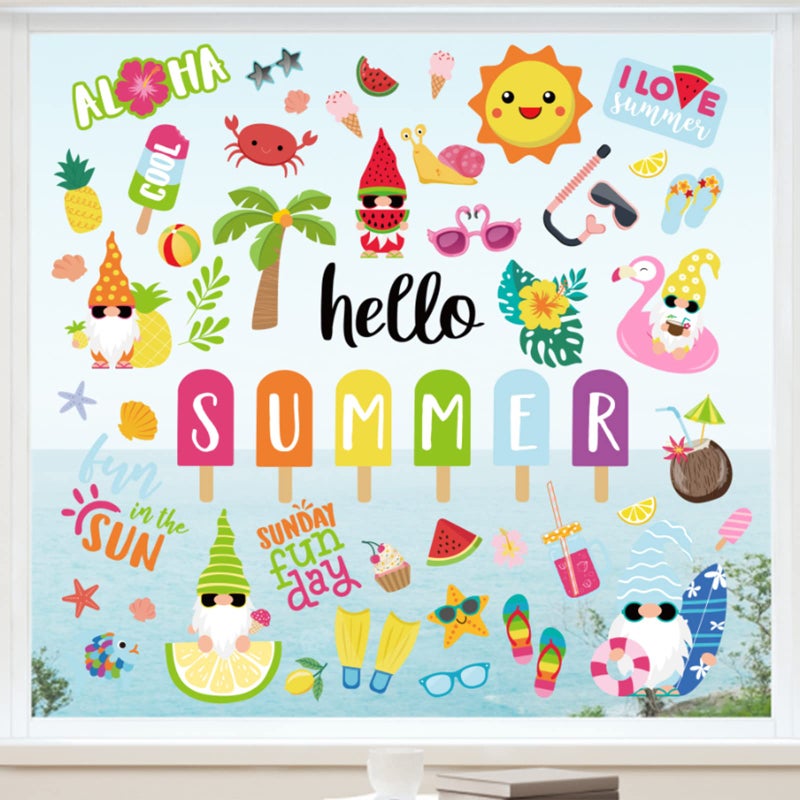 Whaline 9 Sheets Summer Window Clings Cartoon Gnome Ice Lolly Prints DoubleSided Windows Decals Sun Beach Window PVC Stickers AntiCollision for Summer Home Room Classroom Decor Party Supplies