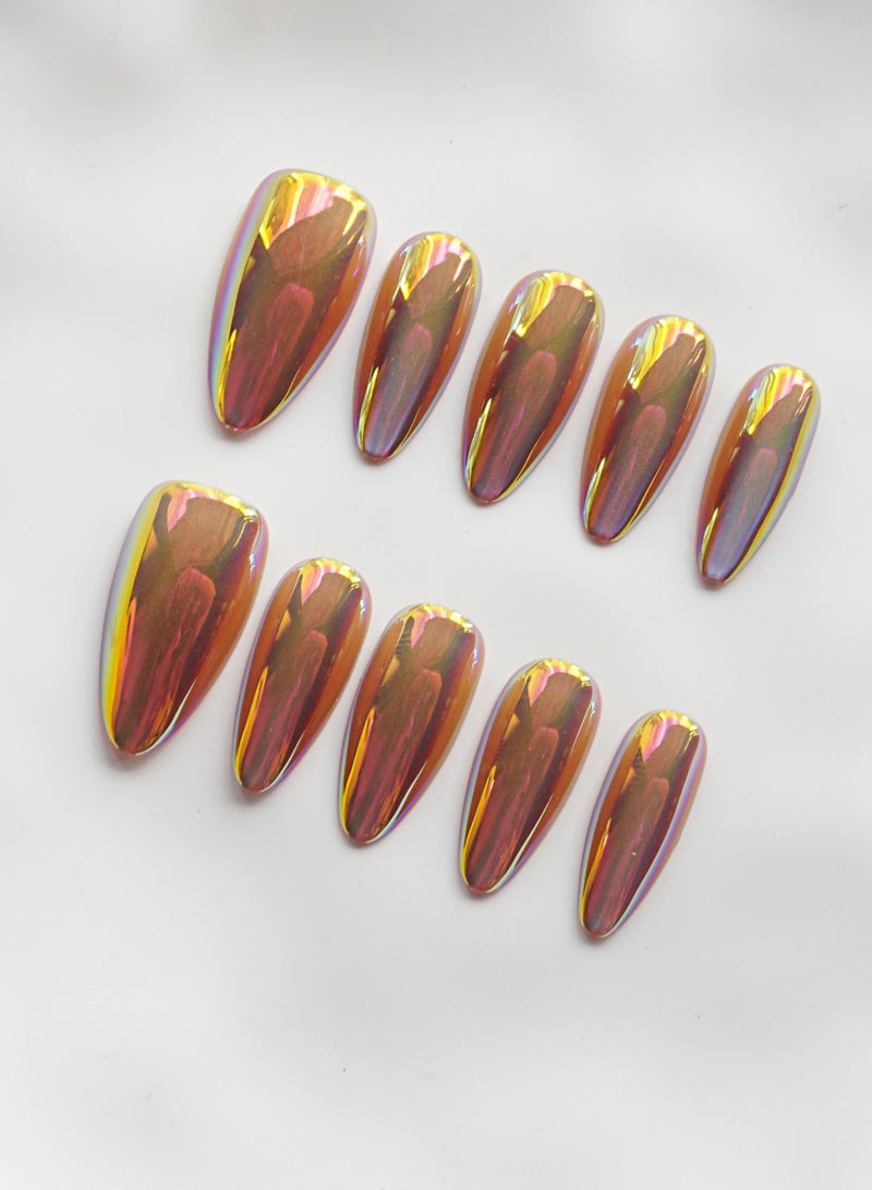 Artist Design/Silver Rose Metal Shiny (Handmade)/Press On nails/Luxury Hand Painted/Long Almond/11 PCS/M Size - Image 1