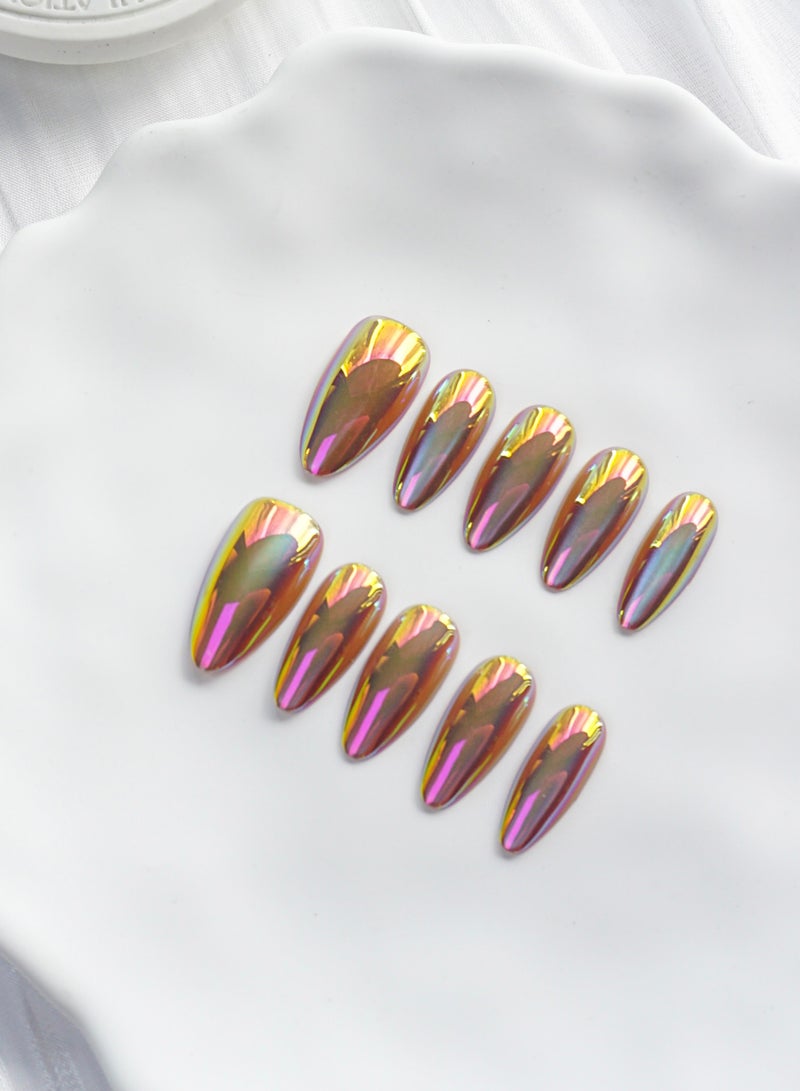 Artist Design/Silver Rose Metal Shiny (Handmade)/Press On nails/Luxury Hand Painted/Long Almond/11 PCS/M Size - Image 2