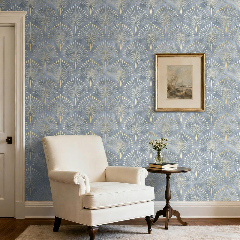 HelloWall Blue and Gold Art Deco Wallpaper Peel and Stick Abstract Geometric Wallpaper Vintage Removable Navy Blue Luxury Metallic Peacock Self Adhesive Art Deco Contact Paper for Cabinets 17.5x80 - Image 4