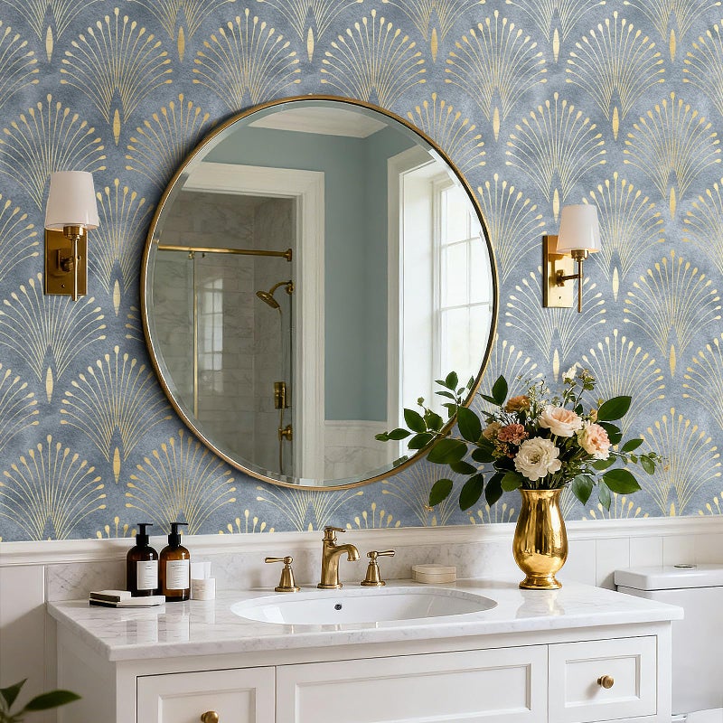 HelloWall Blue and Gold Art Deco Wallpaper Peel and Stick Abstract Geometric Wallpaper Vintage Removable Navy Blue Luxury Metallic Peacock Self Adhesive Art Deco Contact Paper for Cabinets 17.5x80 - Image 2