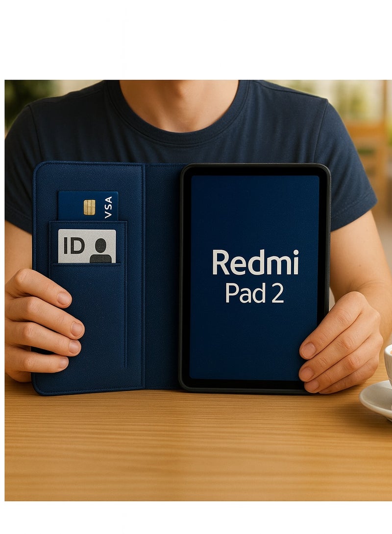 جراب تابلت Redmi Pad 2 فاخر وأنيق بجودة عالية جدًا – حمايه كامله ضد الصدمات والخدوش مع محفظه بطاقات واستاند عملي – لون أزرق - Image 4