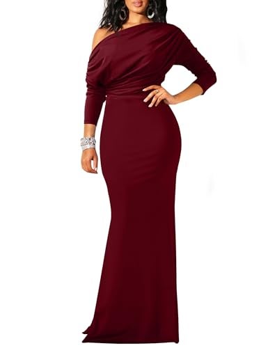 YMDUCH Women's Sexy Elegant Long Sleeve Off Shoulder Bodycon Long Evening Formal Dress WineRed - Image 1