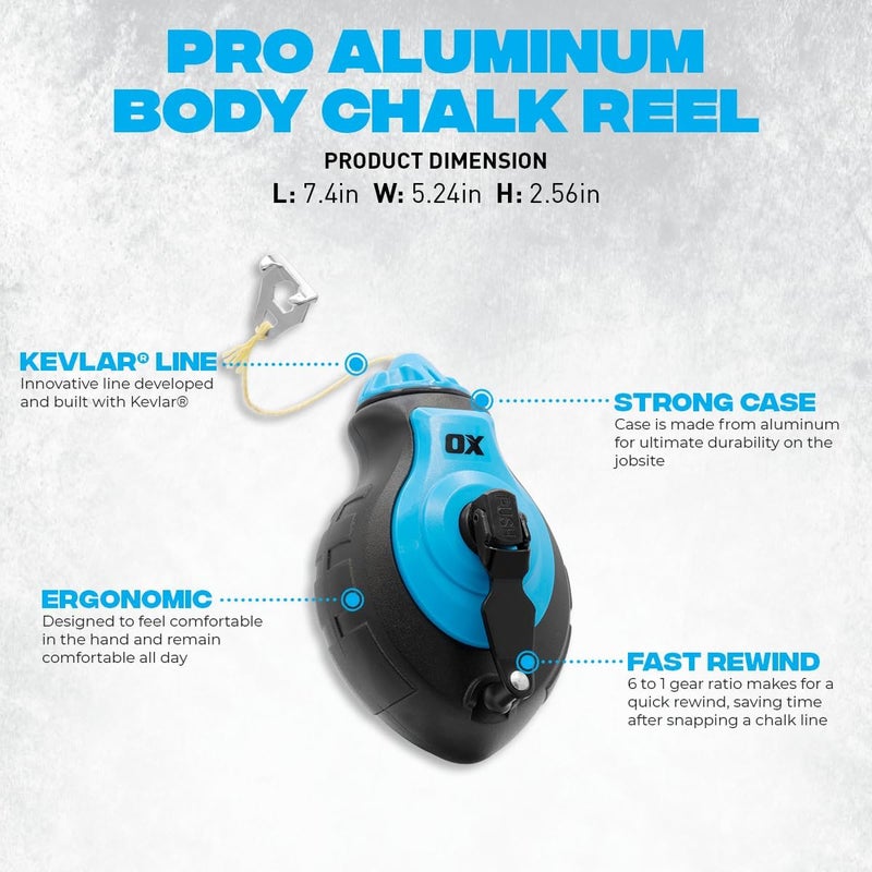 Ox Tools Pro Aluminum Body Chalk Reel 6x Gear with Kevlar Reinforced Line | Strong Thick Bold Chalk Line | Chalk Line Tool | Chalk Box | KEVLAR line - Image 5