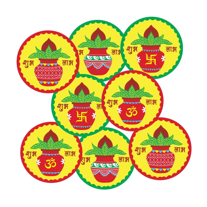 weRevel Shuba Labh Diwali Stickers with Decorative Kalash 40 Pieces 2 inches Round 4 Unique Designs Made of Sticker Paper - Image 3