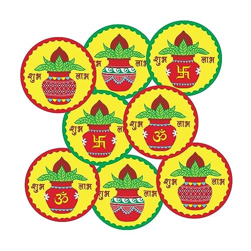 weRevel Shuba Labh Diwali Stickers with Decorative Kalash 40 Pieces 2 inches Round 4 Unique Designs Made of Sticker Paper - Image 1