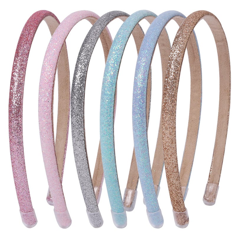 Fishdown Thin Glitter Headbands 6 Pack, Including Gold, Silver, Rose Red, Pink, Blue, Light Blue for Girls and Women, Non-slip Upgraded Sequin Headband with Soft Fabric Cover - Image 1
