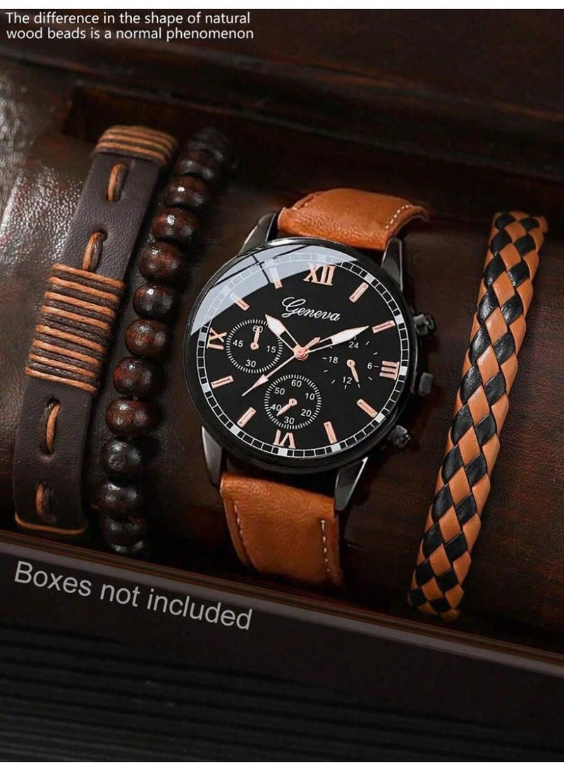 Geneva Men's Watch Set, Casual Sporty Fashion Industrial Style with 3 Punk Style Men's Leather Bracelets, PU Woven Bracelet Set for Occasions and Holidays Great Gift - Image 1