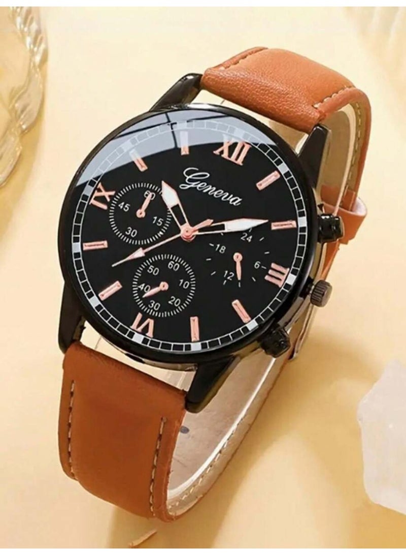 Geneva Men's Watch Set, Casual Sporty Fashion Industrial Style with 3 Punk Style Men's Leather Bracelets, PU Woven Bracelet Set for Occasions and Holidays Great Gift - Image 2