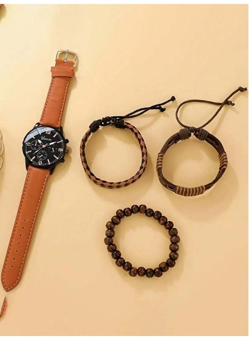 Geneva Men's Watch Set, Casual Sporty Fashion Industrial Style with 3 Punk Style Men's Leather Bracelets, PU Woven Bracelet Set for Occasions and Holidays Great Gift - Image 3