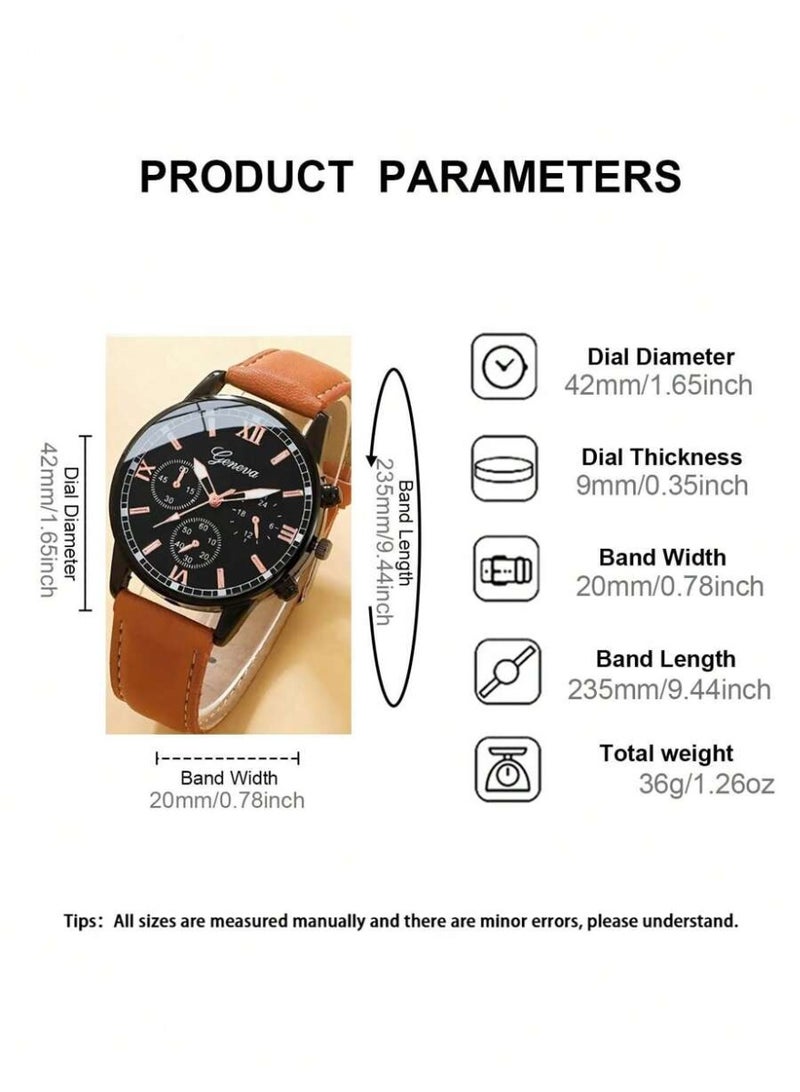 Geneva Men's Watch Set, Casual Sporty Fashion Industrial Style with 3 Punk Style Men's Leather Bracelets, PU Woven Bracelet Set for Occasions and Holidays Great Gift - Image 4