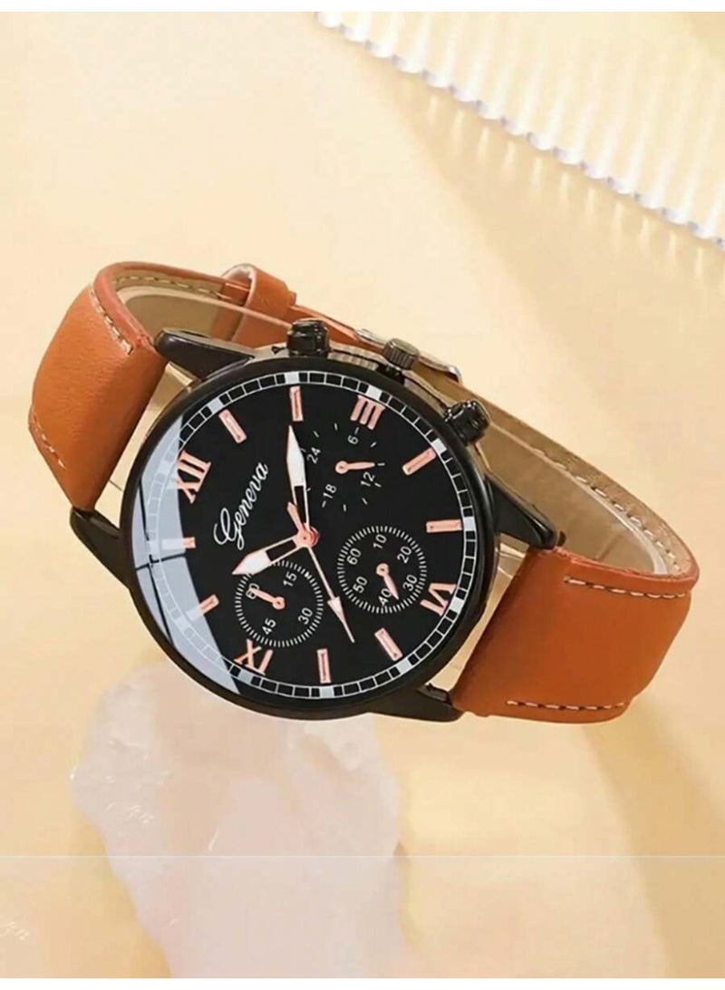 Geneva Men's Watch Set, Casual Sporty Fashion Industrial Style with 3 Punk Style Men's Leather Bracelets, PU Woven Bracelet Set for Occasions and Holidays Great Gift - Image 5