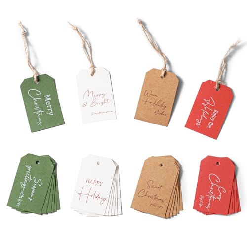 C2U Christmas Gift Tags – 48 Pack Holiday Present Tags with Jute Twine – 8 Festive Designs Blank on Back – Paper Christmas Name Tags for Wrapping, DIY, Xmas Decorations & Gift Labeling - Image 1