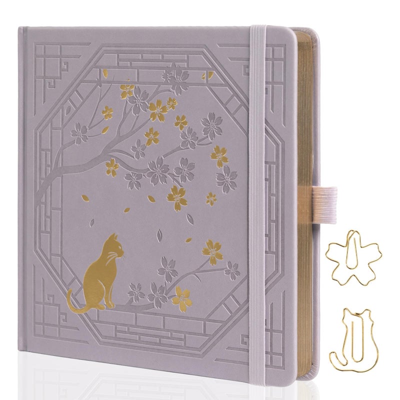 TIEFOSSI Square Dotted Journal, Cute Cat Journal for Women Girls, Dot Notebook with Pretty Sakura Pattern, Aesthetic Diary for Writing Journaling Drawing, Golden Edges, 8 x 8 IN - Image 1