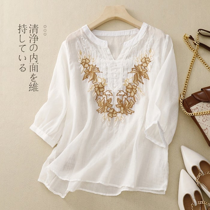 Heavy Embroidered Lantern Sleeve Collar Shirt Womens Loose Ramie Artistic Shirt Thin Half-open Button Decorative Top Brown - Image 3
