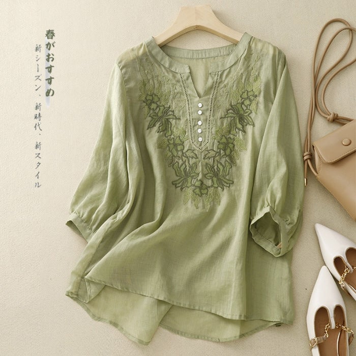 Heavy Embroidered Lantern Sleeve Collar Shirt Womens Loose Ramie Artistic Shirt Thin Half-open Button Decorative Top Brown - Image 2