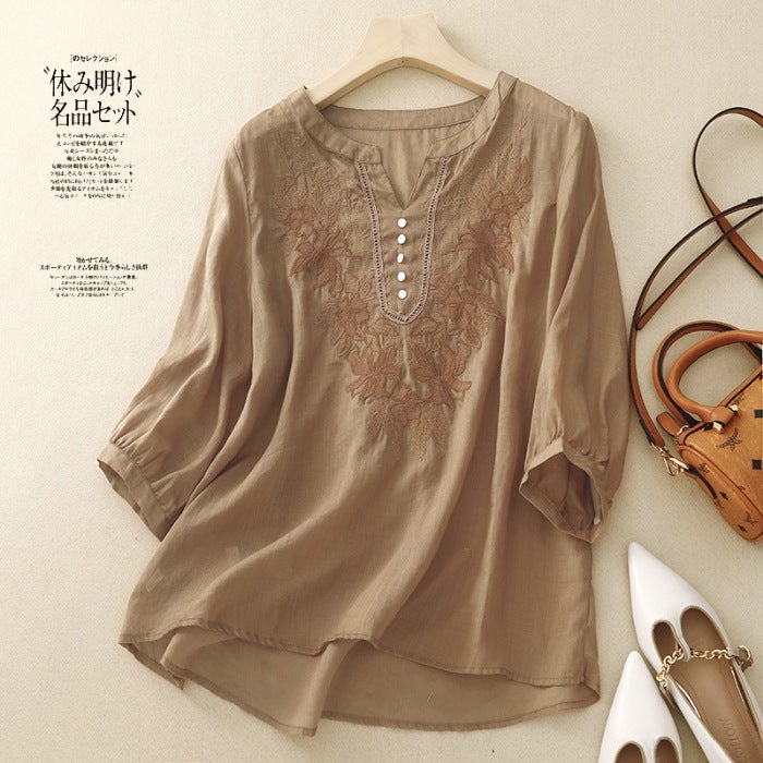 Heavy Embroidered Lantern Sleeve Collar Shirt Womens Loose Ramie Artistic Shirt Thin Half-open Button Decorative Top Brown - Image 1