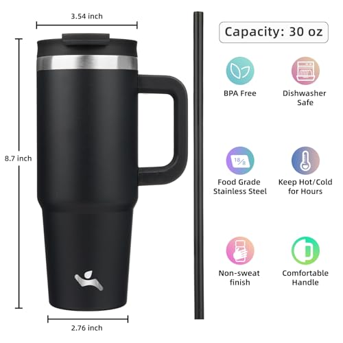 Konokyo 30 oz Tumbler with Handle and 2 Straws,2 in 1 Lid Insulated Water Bottle Stainless Steel Travel Coffee Mug,Black - Image 4