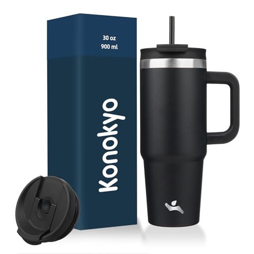 Konokyo 30 oz Tumbler with Handle and 2 Straws,2 in 1 Lid Insulated Water Bottle Stainless Steel Travel Coffee Mug,Black - Image 1