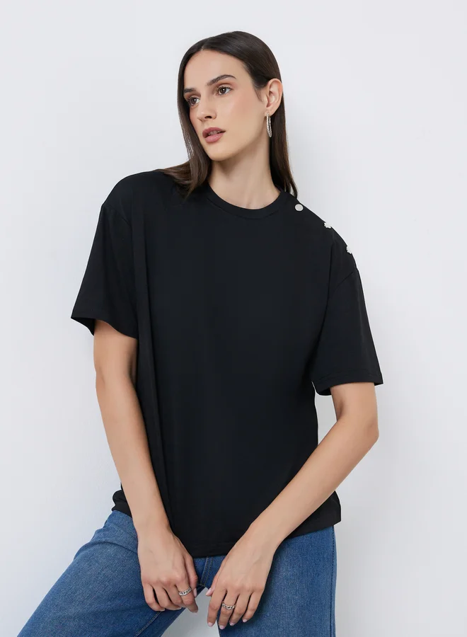 ستايلي Styli Black Oversized T-Shirt with Button Detail