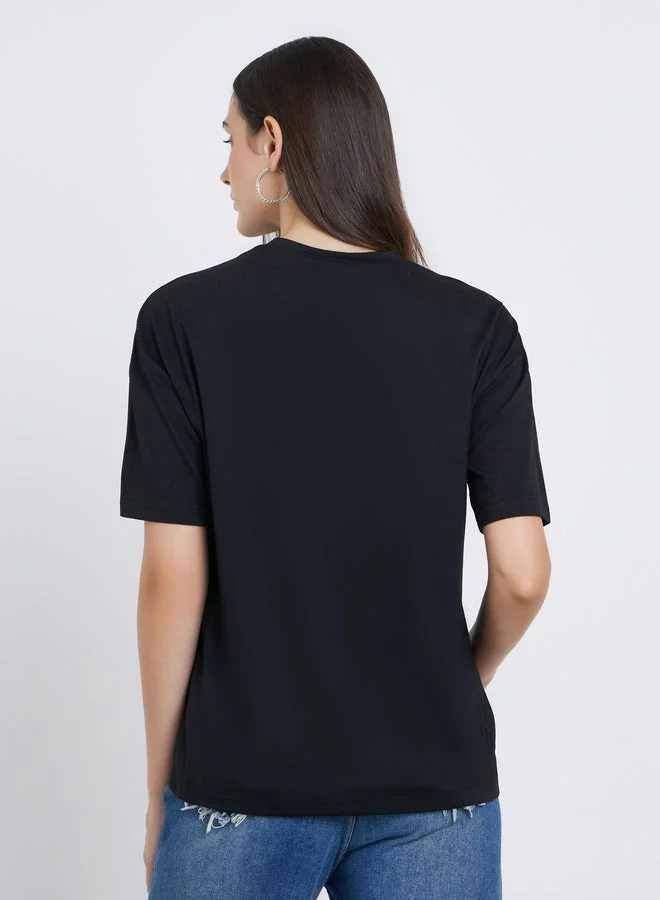 Styli Styli Black Oversized T-Shirt with Button Detail
