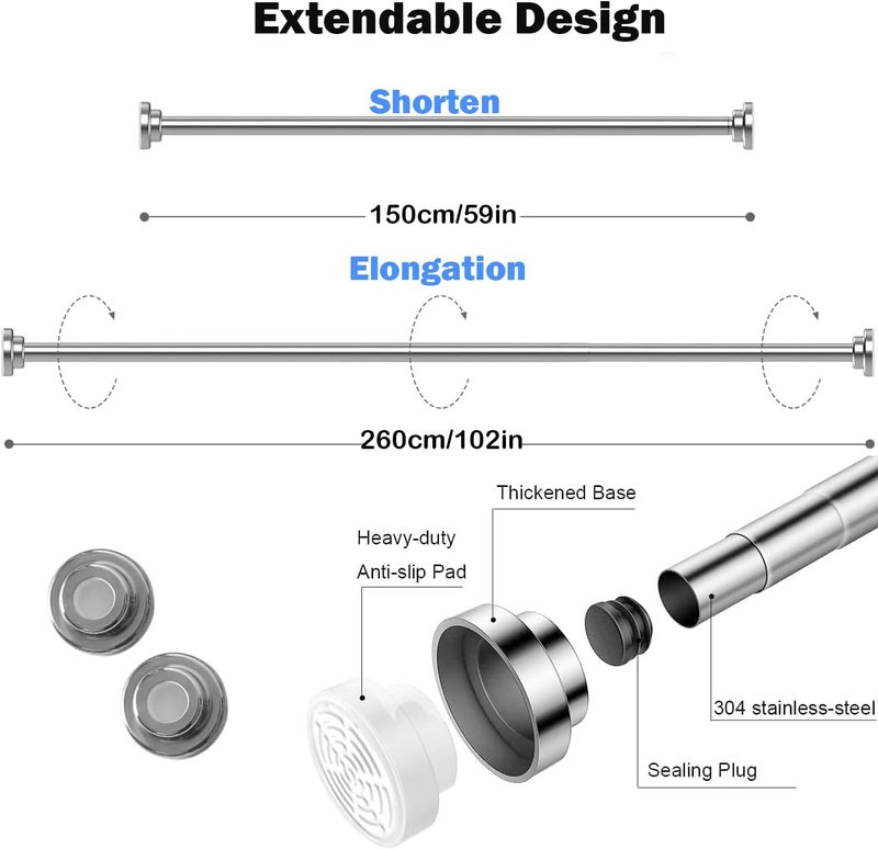 Shower Curtain Rods, 150cm-260cm Adjustable Telescopic Curtain Rod, Spring Tension tension rod, Stainless Steel Extendable Clothes Rail Extendable Pole for Bathroom or Windows, No Drilling - Image 2