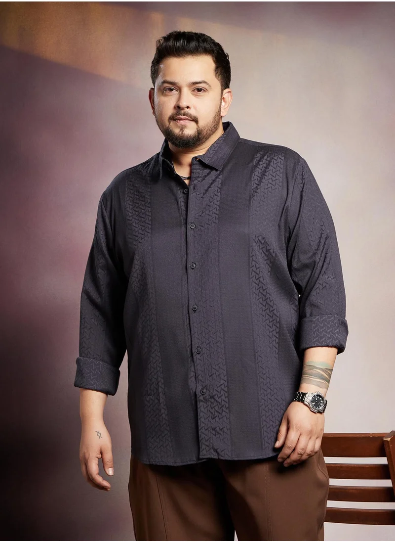 انستافاب بلس Instafab Plus Men's Navy Blue Tactile-Panel Shirt For Casual Wear | Spread Collar | Long Cuffed Sleeves | Button Closure | Plus Size Shirt Crafted With Comfort Fit For Everyday Wear