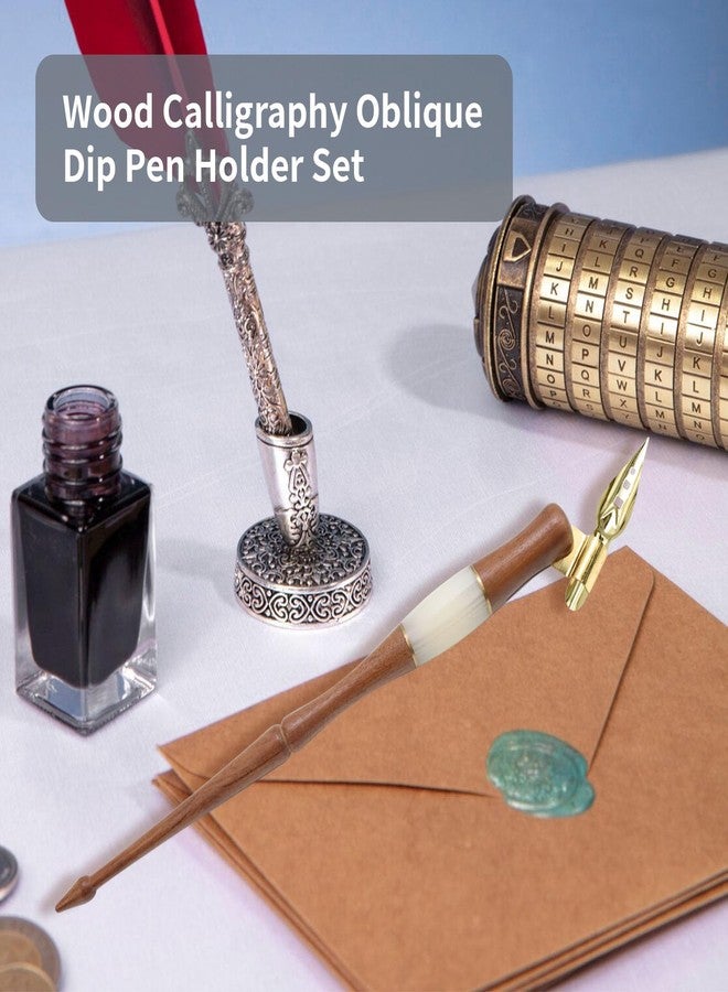 Meprotal Wood Calligraphy Oblique Dip Pen Holder Set, Removable Nib Pen Handle with 5 Nibs for English Calligraphy Drawing Comic, Brown - Image 3
