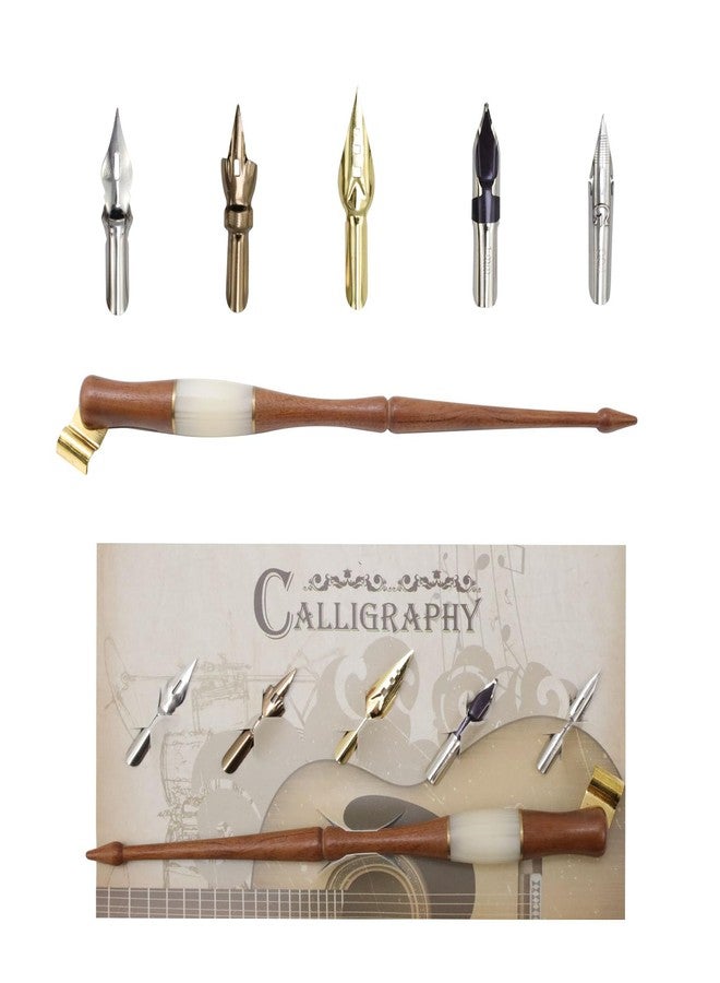 Meprotal Wood Calligraphy Oblique Dip Pen Holder Set, Removable Nib Pen Handle with 5 Nibs for English Calligraphy Drawing Comic, Brown - Image 1