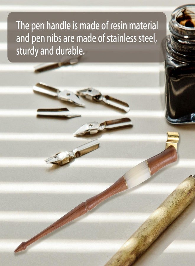 Meprotal Wood Calligraphy Oblique Dip Pen Holder Set, Removable Nib Pen Handle with 5 Nibs for English Calligraphy Drawing Comic, Brown - Image 5