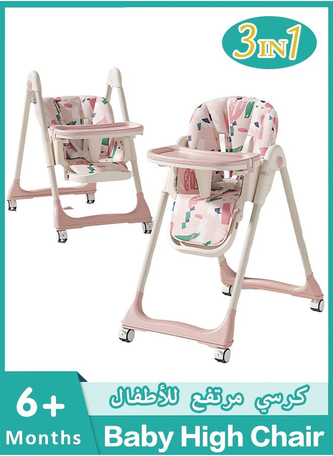 Generic 3 in 1 Portable Baby High Chair ,Convertible High chair with Lockable Wheels, Adjustable Height & Recline for 6 12 24 36 Months Babies & Toddlers, Foldable High Chair for Space-Saving with 5 Adjustable Height & Removable Seat & Tray & 5-Point Harness & 2 Locking Wheels, Easy To Clean and Removable Tray Baby High Chair,Multifunctional Infant Highchair for Babies Toddlers Girl ,for for Babies and Toddlers to 5 Years Old  - Image 1