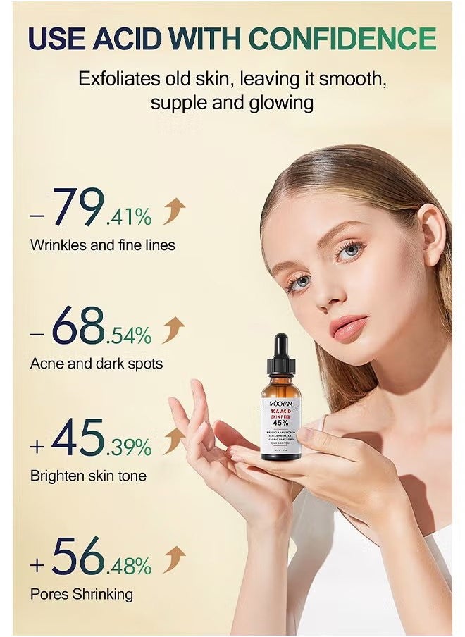 MOOYAM - 45% TCA Acid Skin Peel - Malic Acid & Citric Acid, Anti-Aging, Reduce Acne and Dark Spots, Even Skin Tone, TCA 45% Skin Peel, 45% TCA Chemical Peeling Serum with Malic and Citric Acid for Dark Skin, Dark Spots and Acne Spots, Natural Skin Care - 30 ml/1 fl oz - Image 1