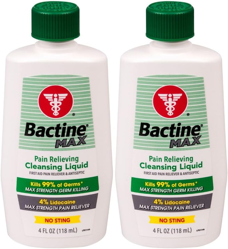 Bactine Max Pain Relieving Cleansing Liquid with Lidocaine, First Aid Pain + Itch Relief, Kills 99% of Germs, 4oz 2 Pack - Image 1