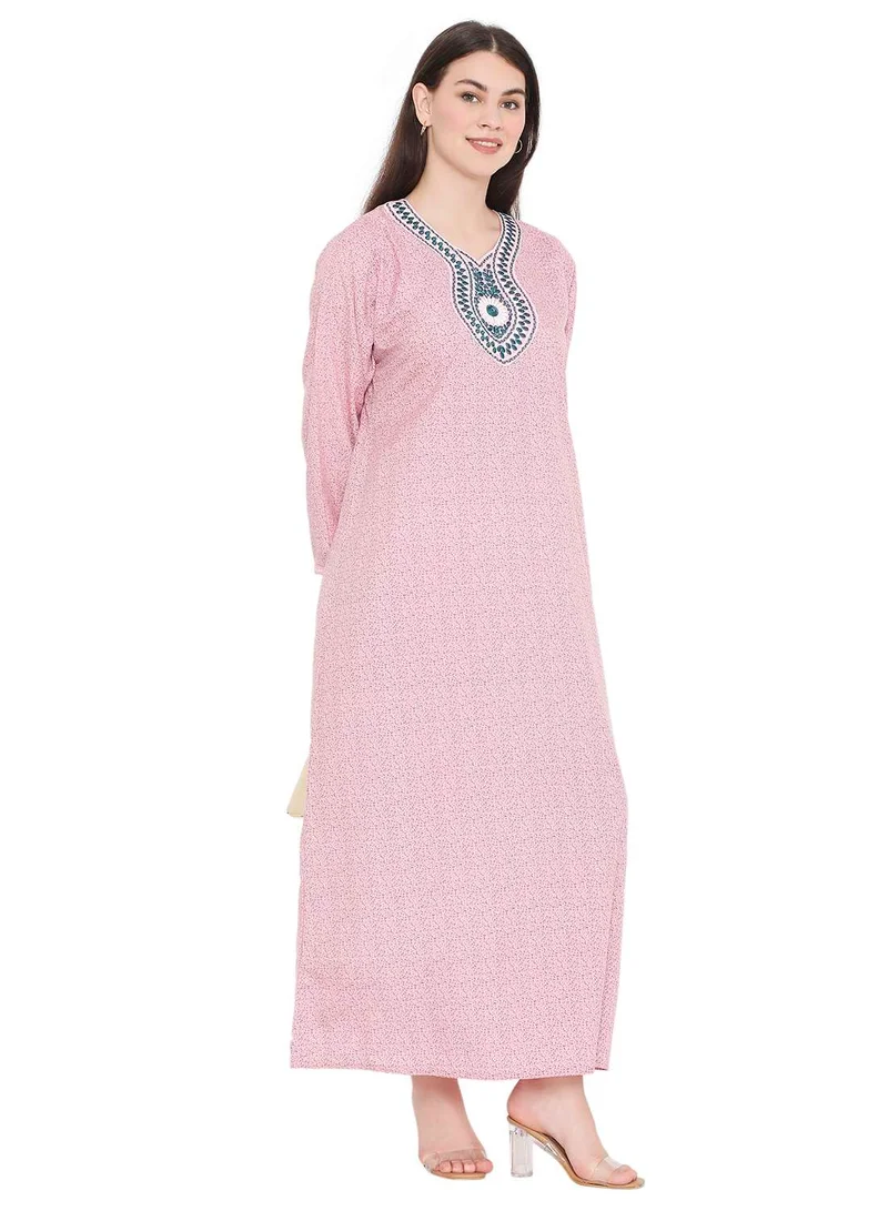 HANA & SARA SIMPLE PRINTED WITH THREAD EMBROIDERY LONG VISCOSE ARABIC KAFTAN JALABIYA DRESS