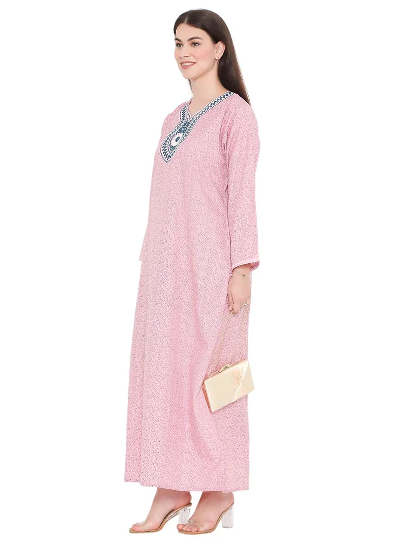 HANA & SARA SIMPLE PRINTED WITH THREAD EMBROIDERY LONG VISCOSE ARABIC KAFTAN JALABIYA DRESS