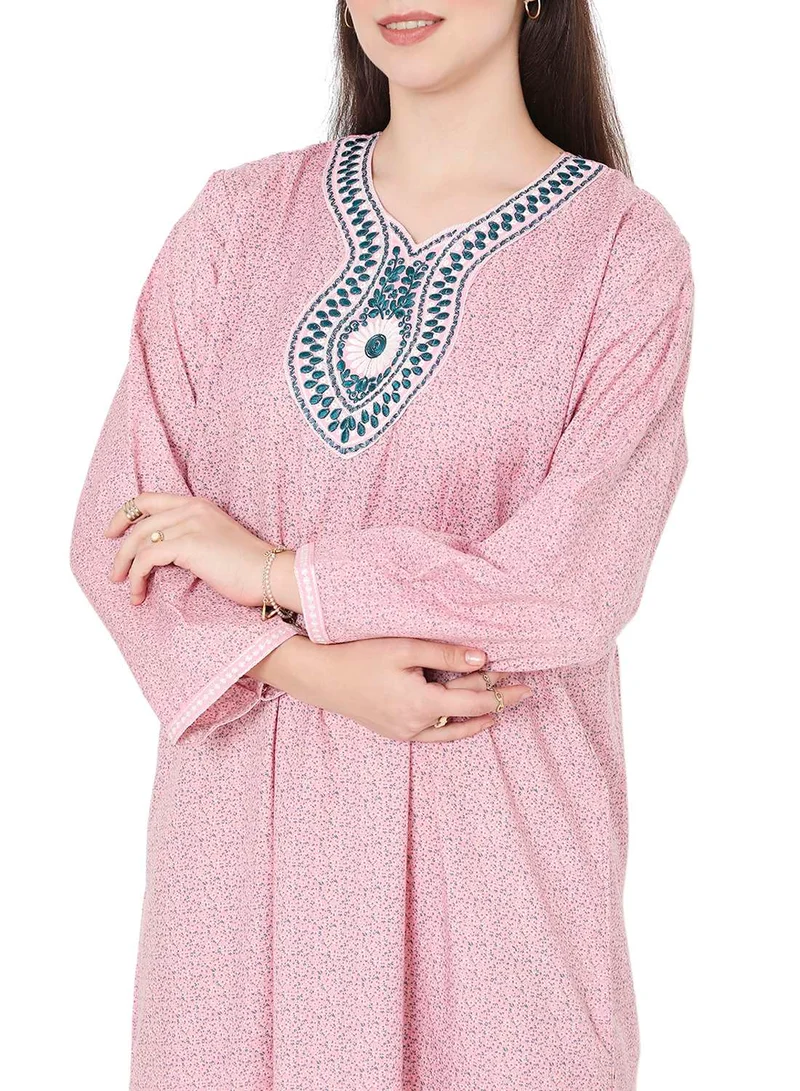 HANA & SARA SIMPLE PRINTED WITH THREAD EMBROIDERY LONG VISCOSE ARABIC KAFTAN JALABIYA DRESS