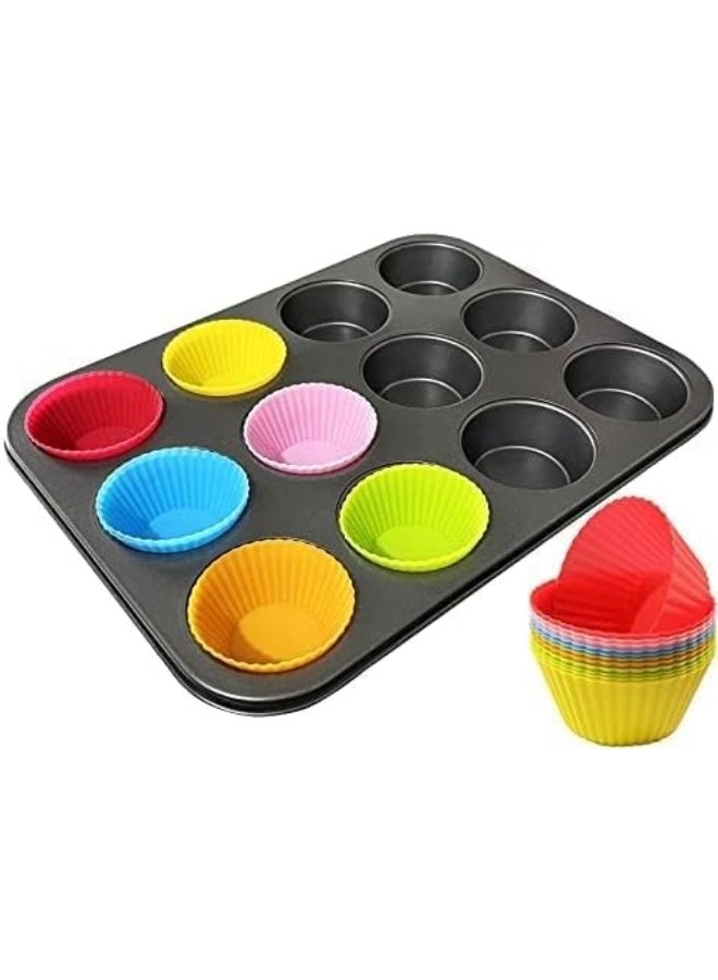 MOMENT صواني مافن من الفولاذ الكربوني غير اللاصق مع بطانات الكب كيك - زوج من صواني الكب كيك لخبز المافن، صينية خبز الكب كيك مع 12 كوب - Image 3