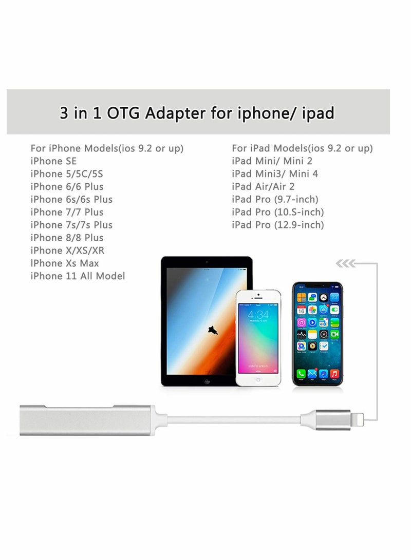 SOLARAE Dual USB3 Camera Adapter, 3 in 1 iOS to USB 3.0 OTG Adapter with Fast Charging Port, Compatible with IOS/Supports Flash Drive, Card Reader, Midi Keyboard, Mouse - Image 4