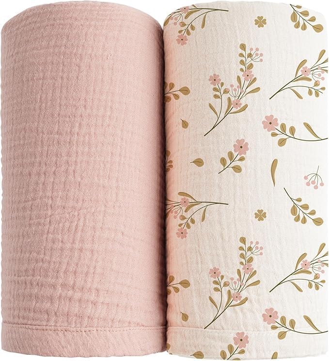 YLmeet Muslin Swaddle Blankets, Pink and Floral Pattern, Soft Breathable Cotton, 47x47 Inches, 2 Pack, for Newborn Baby Boys and Girls - Image 1
