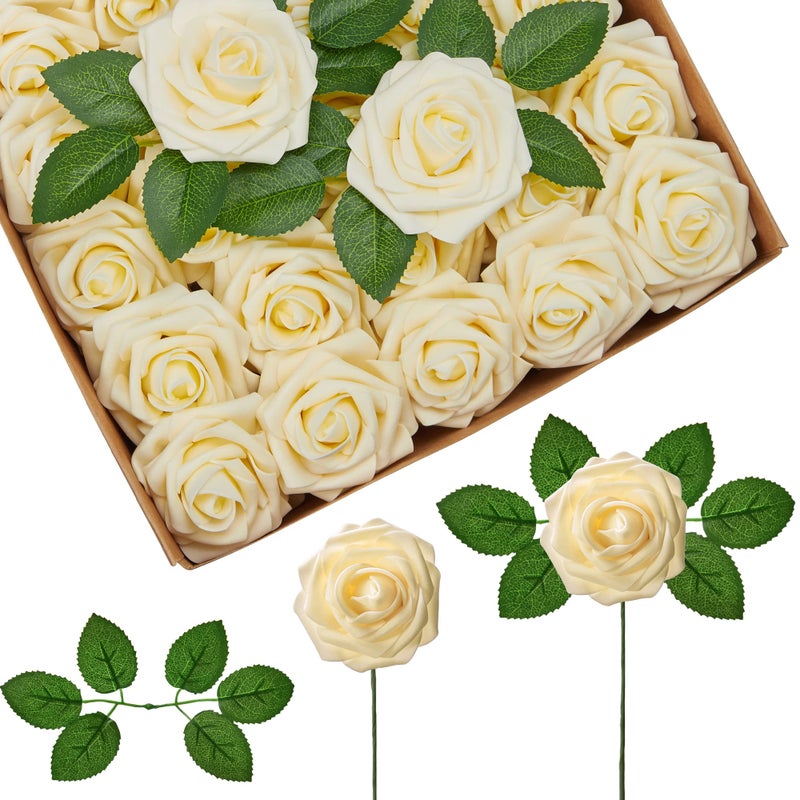 Innogear Artificial Flowers  50 Pcs Cream Foam Fake Roses Bulk With Stems For Decoration Diy Wedding Bouquets Centerpieces Bridal Shower Party Christmas Tree - Image 1