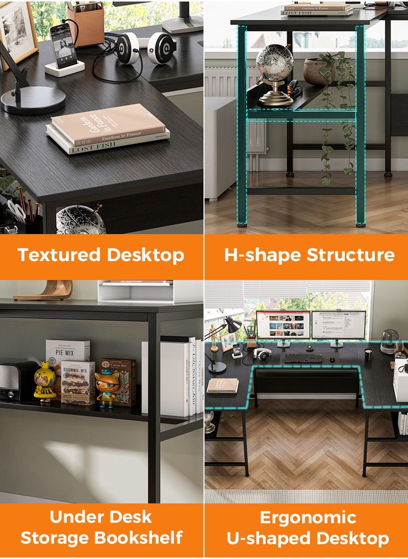 Large Gaming Table, 180cm U Shaped desk, Texture Desktop Corner Computer Desk, U Office Desk with Storage Shelves, Gaming Desk for Office and Gaming Area