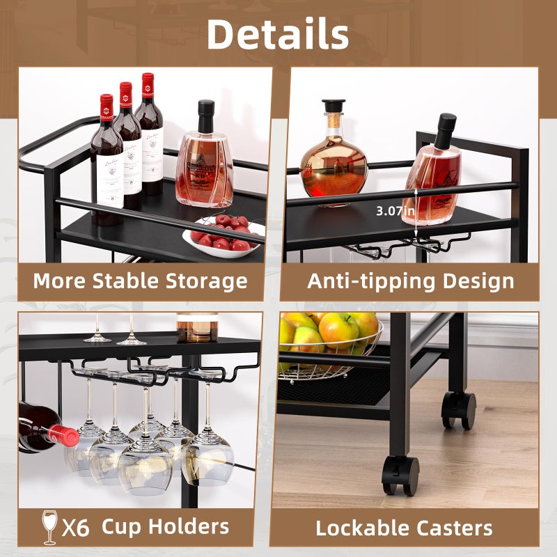 Joaxswe Bar Cart,Home Bar Serving Cart with Storage Shelves, 2 Tier Rolling Beverage Cart with Wheels, Modern Vintage Black Wine Cart with Wine Rack and Glass Holder for Kitchen, Dinning Room,Living Room - Image 5