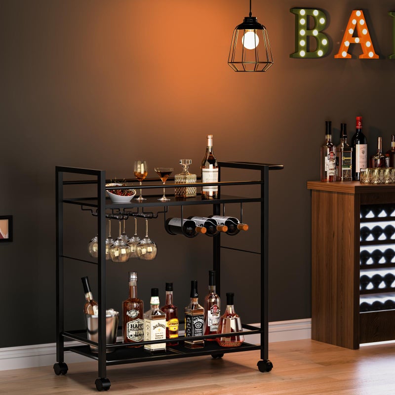 Joaxswe Bar Cart,Home Bar Serving Cart with Storage Shelves, 2 Tier Rolling Beverage Cart with Wheels, Modern Vintage Black Wine Cart with Wine Rack and Glass Holder for Kitchen, Dinning Room,Living Room - Image 3