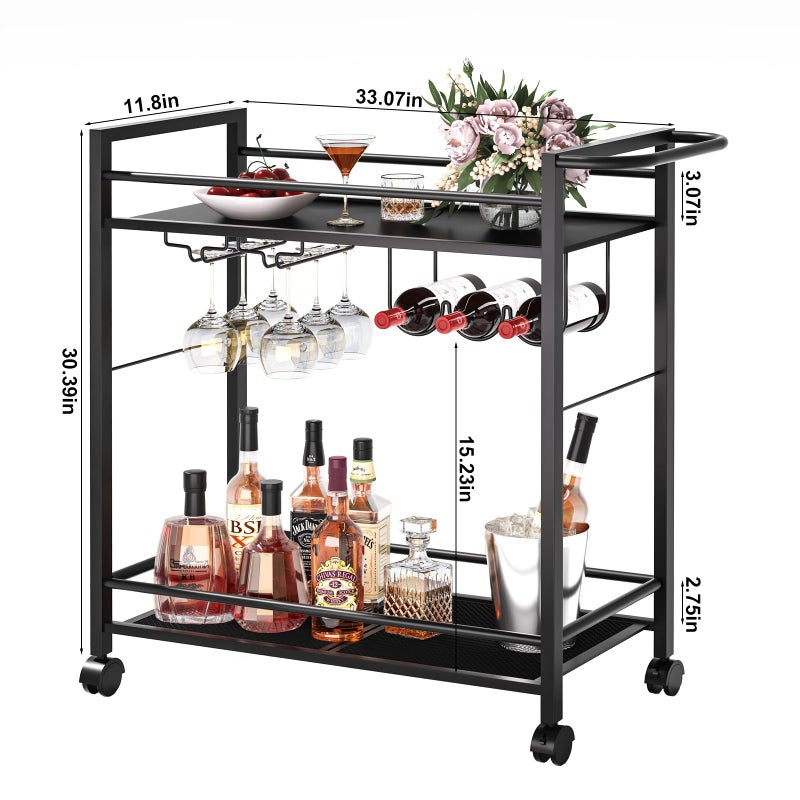 Joaxswe Bar Cart,Home Bar Serving Cart with Storage Shelves, 2 Tier Rolling Beverage Cart with Wheels, Modern Vintage Black Wine Cart with Wine Rack and Glass Holder for Kitchen, Dinning Room,Living Room - Image 2