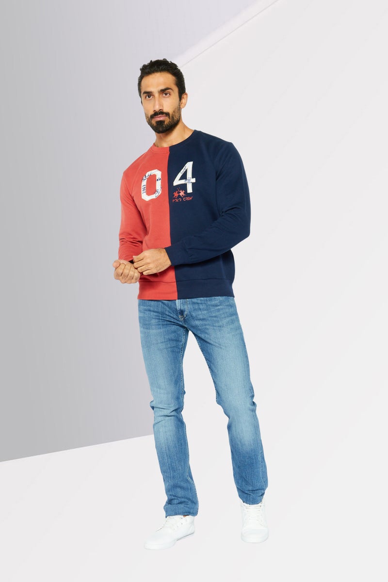 La Martina Men Crew Neck Long Sleeves Colorblock Sweatshirt, Red - Image 2