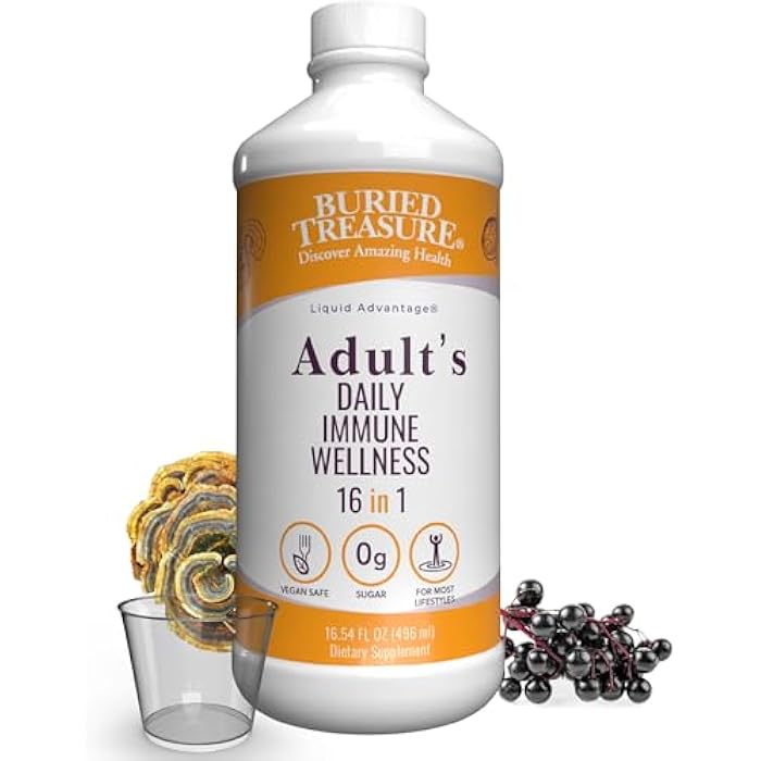 Buried Treasure Adult Daily Immune Wellness, 16oz with Dose Cup, Elderberry Echinacea VIT-C Zinc, Mushroom Blend, Natural Immune Booster - Image 1