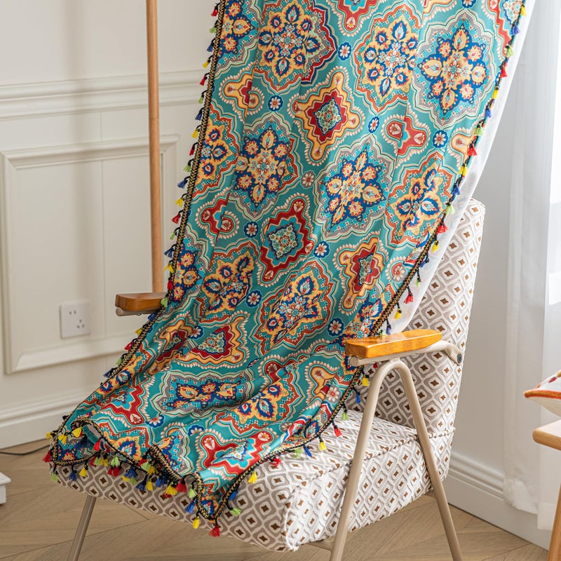 Erbnaryx Boho Curtains Geometric Light Filtering Semi-Blackout Window Curtains 84 Inches Long Rod Pocket Drapes for Living Room 2 Panels-Geometric Blue - Image 4